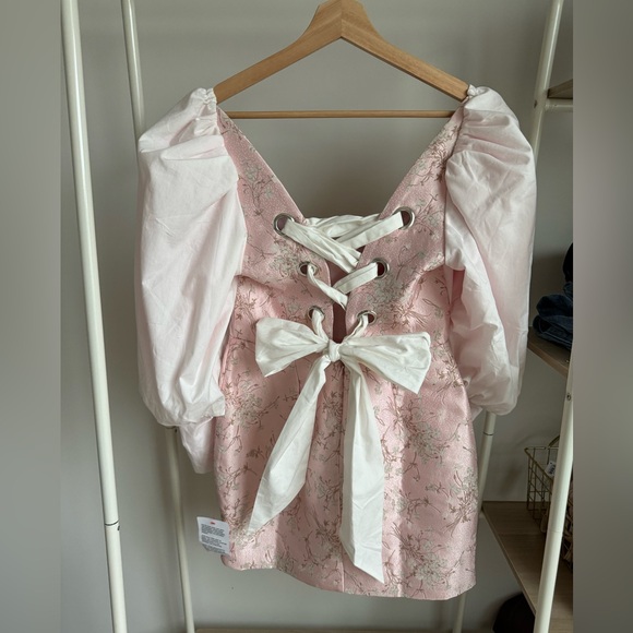 Corset Jacquard Mini Dress w puff sleeves - Picture 4 of 8